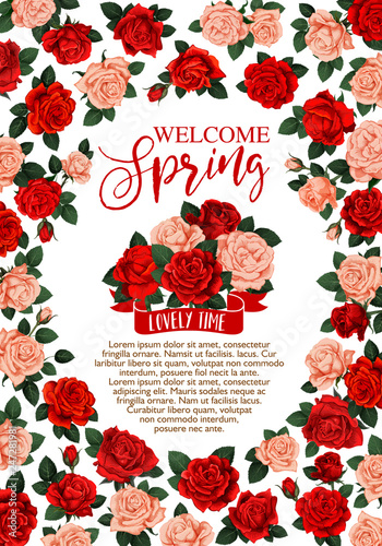 Welcome Spring floral banner with rose flower