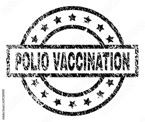 POLIO VACCINATION stamp seal watermark with distress style. Designed with rectangle, circles and stars. Black vector rubber print of POLIO VACCINATION title with dust texture.