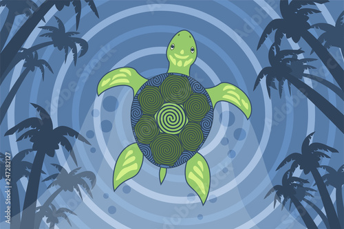 Turtle island swimming in blue water vector illustration