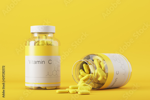 Two bottles of vitamin C on a yellow background. Food additives scattered on the surface. Mock Up. 3d rendering photo