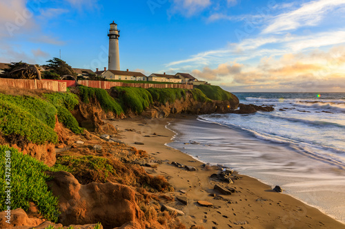 Pigeon Point Lighthouse on Northern California Pacific Ocean coastline just before sunset