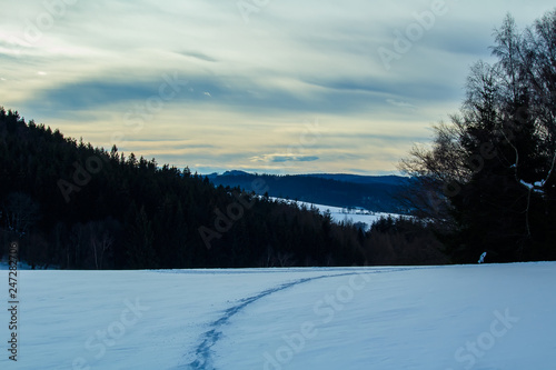 Small path in snow on winter czech landscape