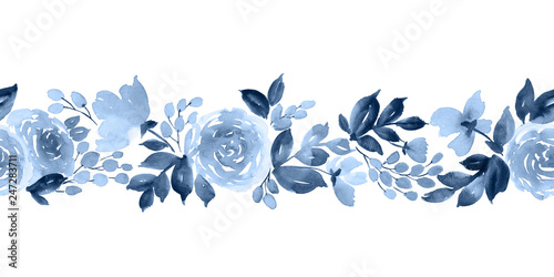 Watercolor horizontal seamless pattern with flowers of tea rose in indigo blue