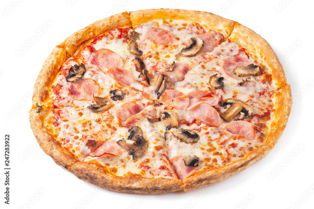 Fresh delicious pizza with ham and mushrooms isolated on white background