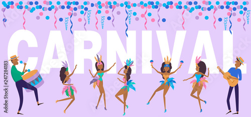 Brazil Carnival poster template with Brazilian samba dancer. Carnival in Rio de Janeiro with girls wearing a festival costume. Editable vector illustration
