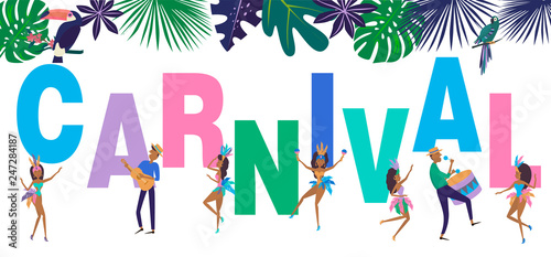 Brazil Carnival poster template with Brazilian samba dancer. Carnival in Rio de Janeiro with girls wearing a festival costume. Editable vector illustration
