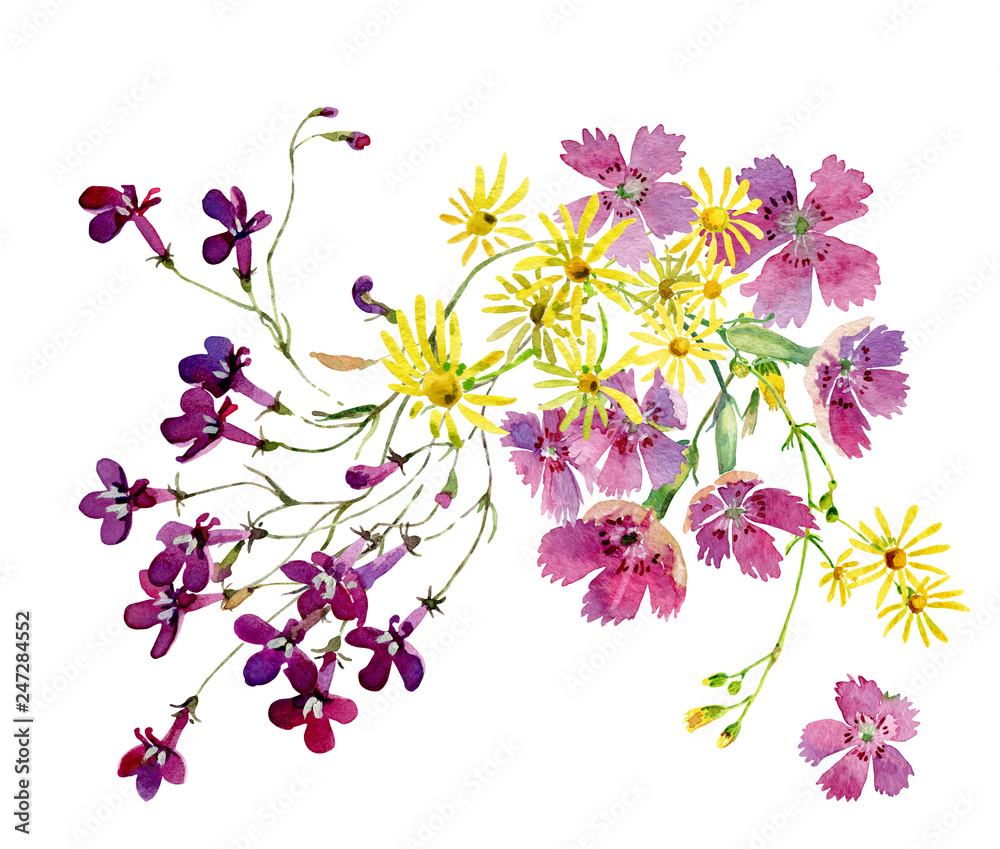 A small bouquet of watercolor flowers on a white background