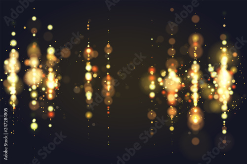 Golden bokeh sparkle glitter lights luxury glamor background. Abstract defocused circular party magic christmas background. Glamorous elegant, shiny, metallic gold background. EPS 10.