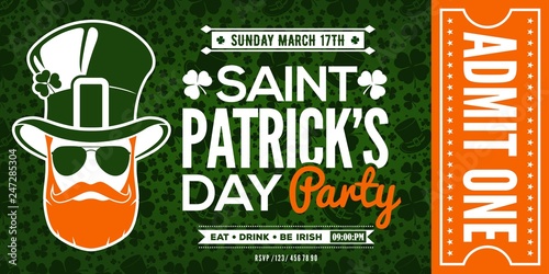 Saint Patrick's Day party celebration invitation, ticket, admit one. Vector illustration
