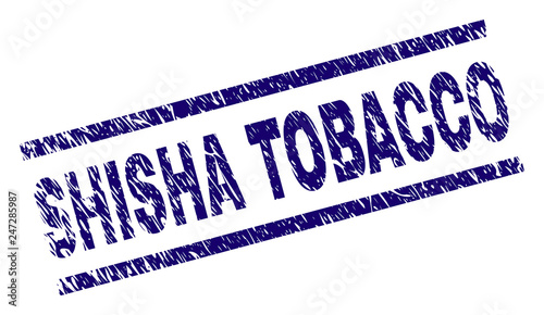 SHISHA TOBACCO seal stamp with grunge style. Blue vector rubber print of SHISHA TOBACCO text with grunge texture. Text label is placed between parallel lines.