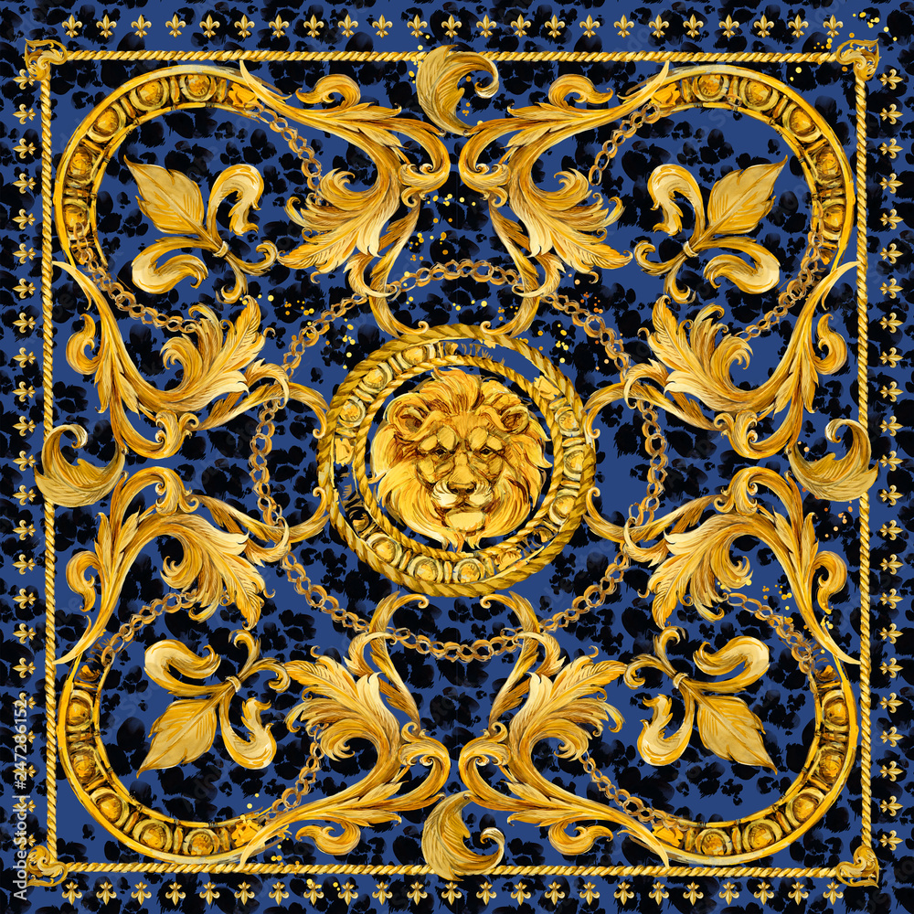 Silk scarf with golden chains and Lion head. jewelry shawl design. watercolor hand drawn damask luxury background. Silk scarf with golden chains and Lion head. jewelry shawl design. watercolor hand drawn damask luxury background.