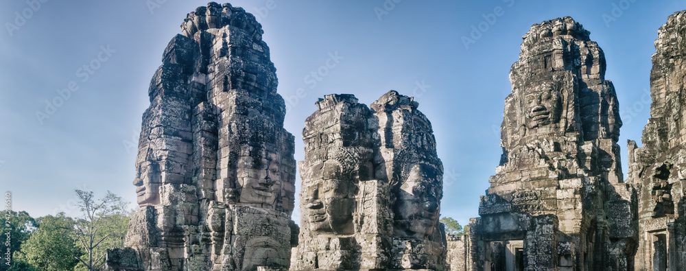 Fototapeta premium Buddha faces in Bayon temple in Angkor Thom. Siem Reap. Cambodia. Panorarma