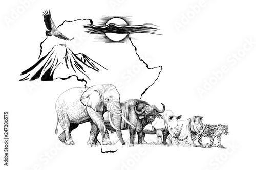 Big african five animal on Africa map bakground with mount and sun. Hand drawn illustration