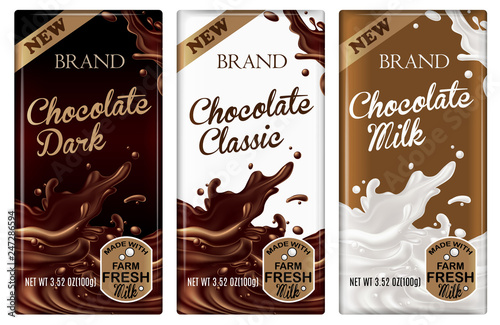 Packaging design chocolate bars. Packing collection for dark, classic and milk chocolate. Highly realistic illustration.