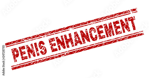 PENIS ENHANCEMENT seal imprint with corroded texture. Red vector rubber print of PENIS ENHANCEMENT text with retro texture. Text title is placed between double parallel lines.