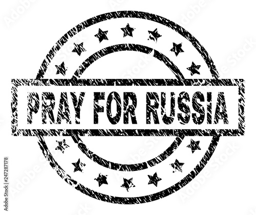 PRAY FOR RUSSIA stamp seal watermark with distress style. Designed with rectangle, circles and stars. Black vector rubber print of PRAY FOR RUSSIA caption with scratched texture.