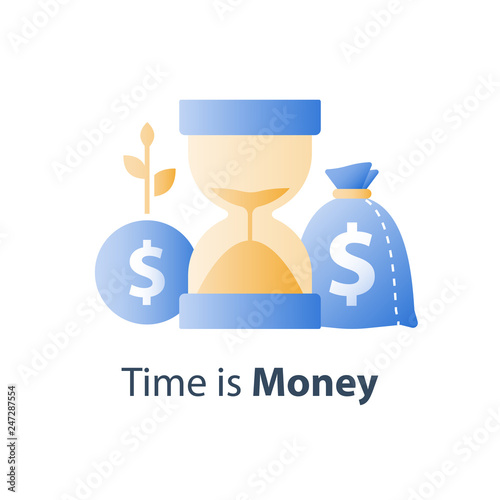 Long term investment strategy, pension savings fund, hourglass and bag, time is money concept, capital growth, asset allocation