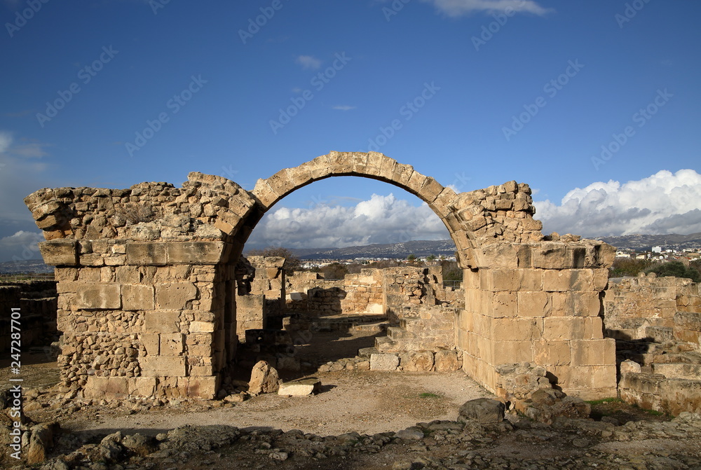Ruins of Saranda Kolonos castle in Pafos Archaeological Park, Cyprus