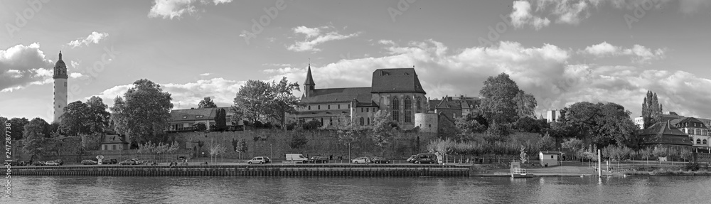 black and white panoramic view across the main river to the historic old town of frankfurt hoechst, hesse, germany