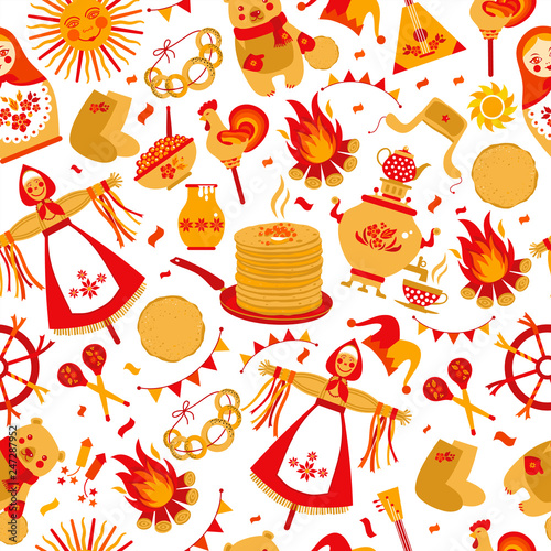 Shrovetide or Maslenitsa. Russian inscription Maslenitsa wide Wide Maslenitsa seamless pattern. Great Russian holiday Shrovetide. Vector illustration.