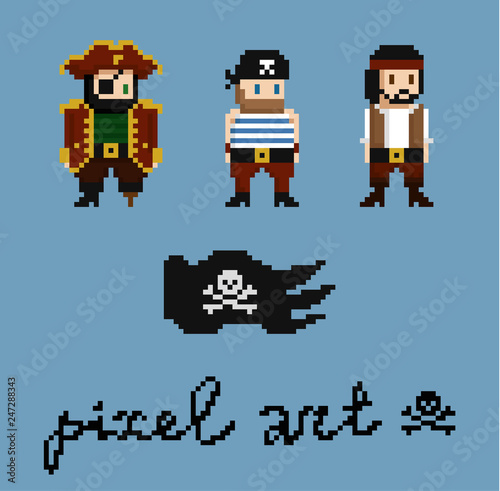 Pixel art characters set. Pirate crew members - captain, cabinboy. Black pirate flag with skull and bones. 8-bit design game assets. Vector illustration. © gdainti