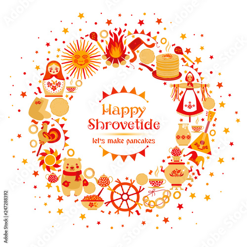 Vector set on the theme of the Russian holiday Carnival. Russian Shrovetide or Maslenitsa.