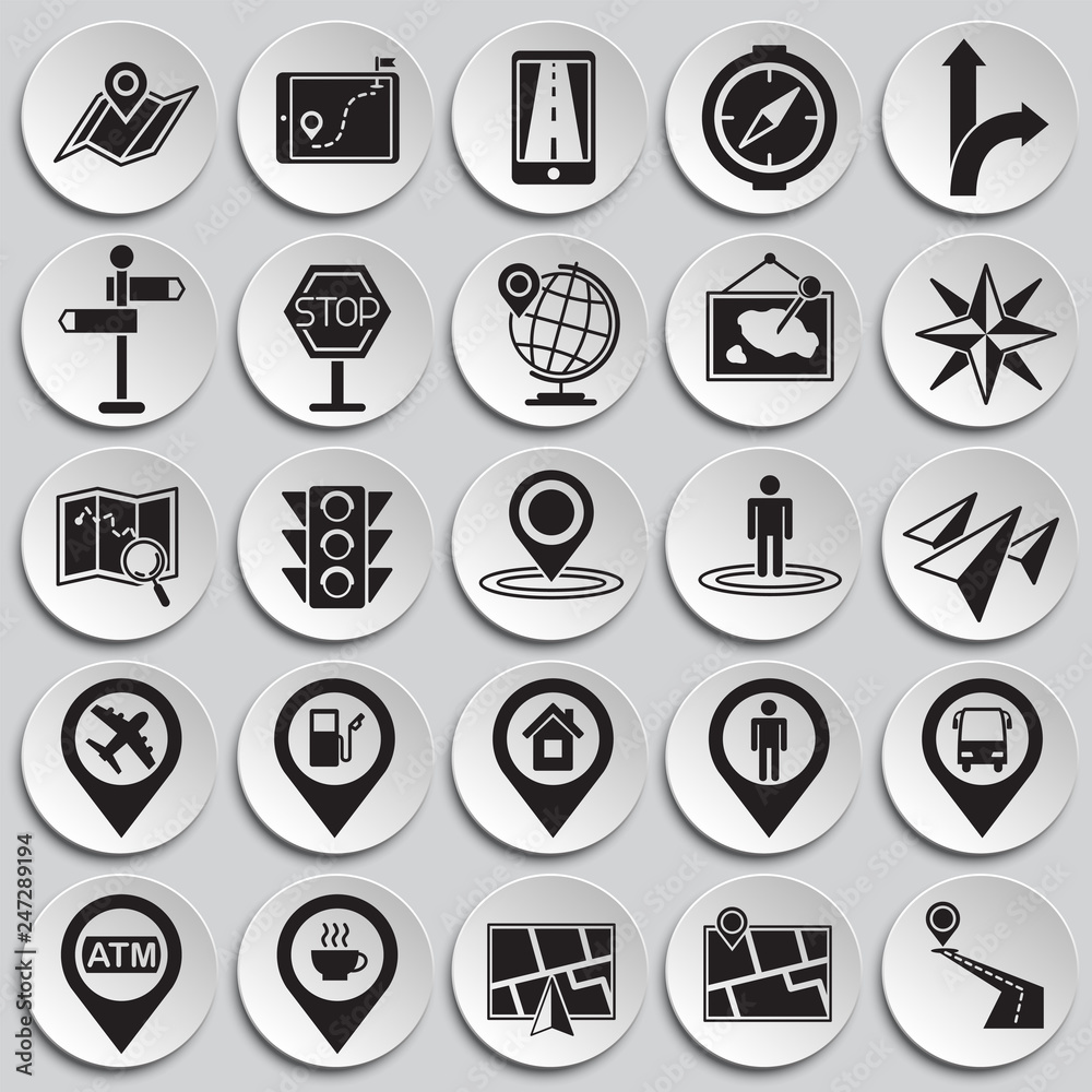 Navigation icon set on plates back background for graphic and web design, Modern simple vector sign. Internet concept. Trendy symbol for website design web button or mobile app Navigation icon set on plates back background for graphic and web design, Modern simple vector sign. Internet concept. Trendy symbol for website design web button or mobile app