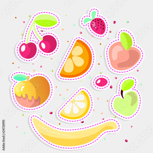 Cute cartoon fruit collection. Sweet fruits icon, summer fruit desserts isolated on white background. Cherry, orange, lemon, apple and strawberry in one cartoon set. Summer sweet fruit illustration