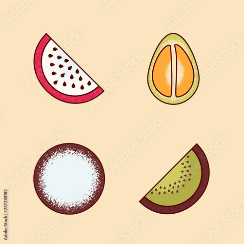 Vector Set of colorful cartoon pieces of fruits icon ( pomelo, dragon fruit, pitaya, kiwi )