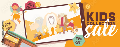 Baby shop vector shopping sale of cartoon kids toys games newborn child clothes bodysuit hat for children backdrop illustration background