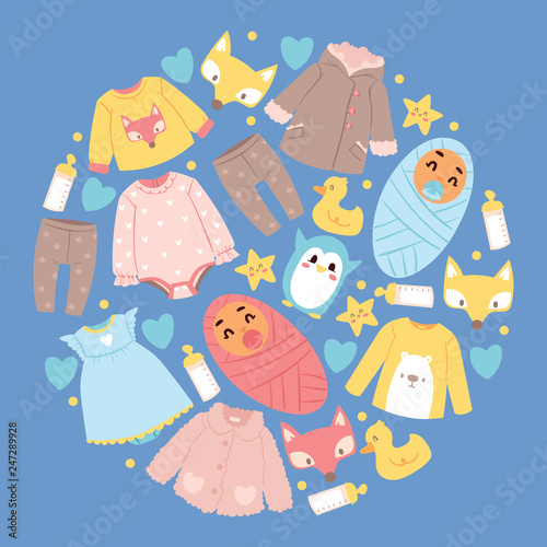 Baby shop vector cartoon kids clothing toys newborn garment and childs  clothes bodysuit dress apparel for children advertising shopping sale  banner backdrop illustration background Stock Vector | Adobe Stock