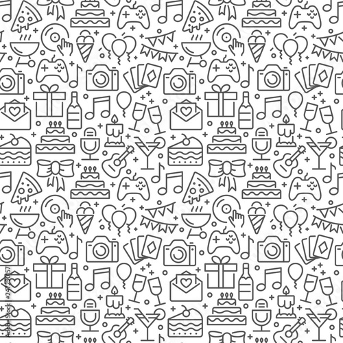 Party and birthday seamless pattern with thin line icons