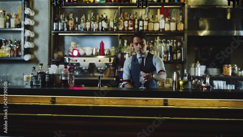 Wallpaper Mural Bartender carefully puts cube ice into glass and place it on bar counter. Slow motion Torontodigital.ca