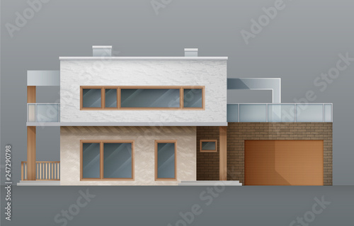 Modern individual two-storey two floors double decker residential building with a brick garage and a terrace