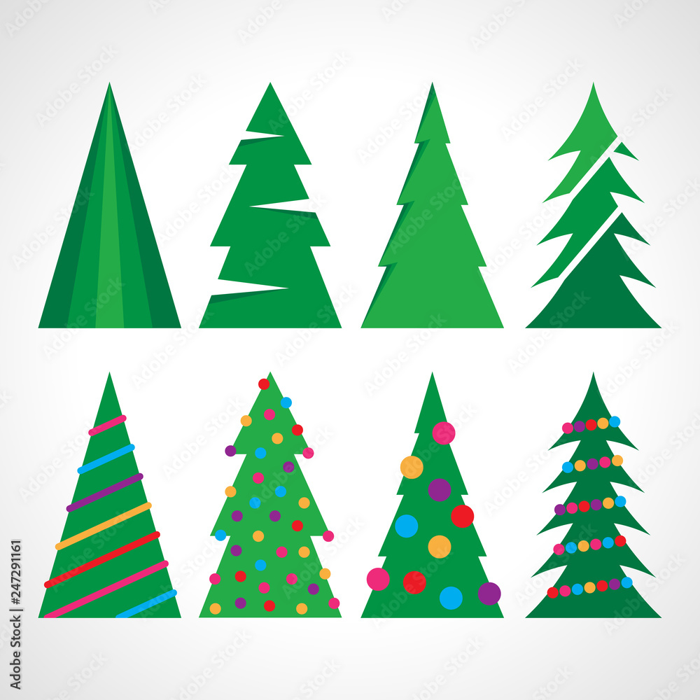 Set of eight Christmas tree with Christmas balls and decorations Set of eight Christmas tree with Christmas balls and decorations