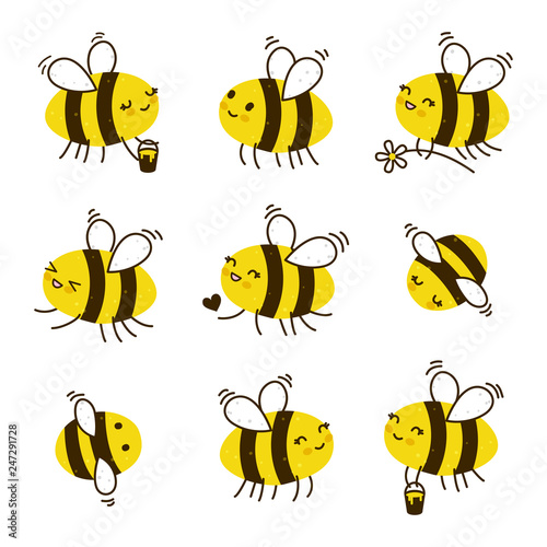 Obraz na płótnie Set of kawaii honey bees isolated on white