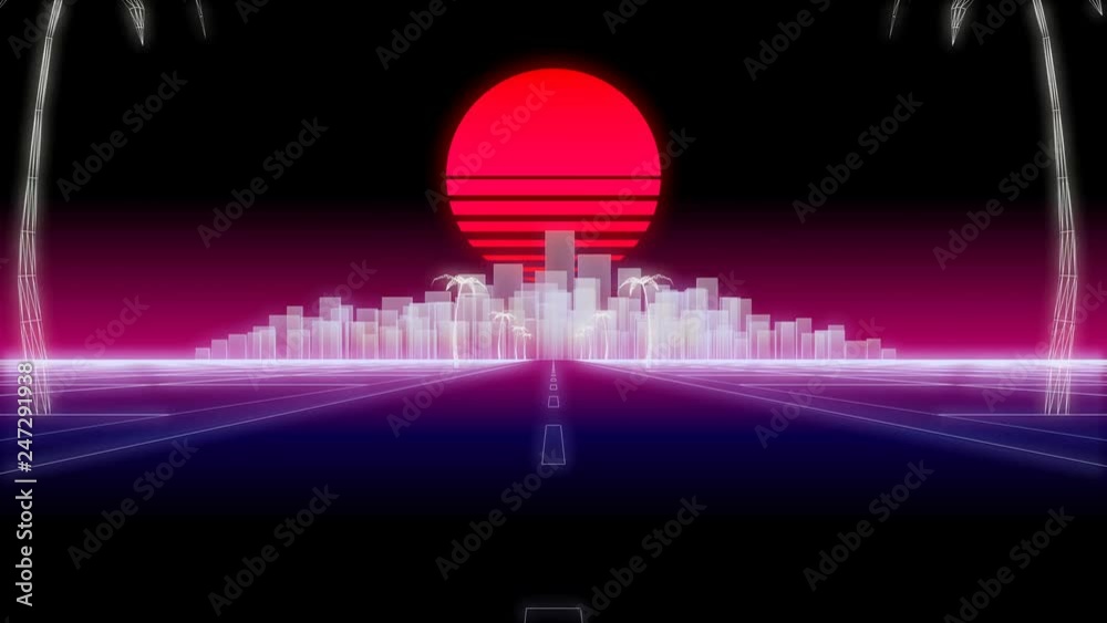neon city palms road 80 Retro Background 3d render
