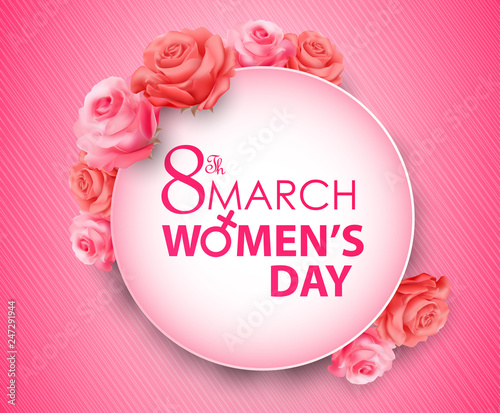 Happy Women's Day greeting round banner on pink background