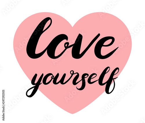 Love yorself text in a heart. Brush calligraphy. Vector isolated illustration