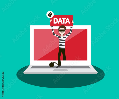 Stolen Data Concept with Thief and Notebook - Laptop Vector Illustration. Virus Symbol.