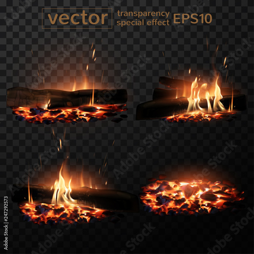 Set of four  images burning fire. Firewood, coals, sparks, smoke. The effect of transparency. 3D vector. High detailed realistic illustration