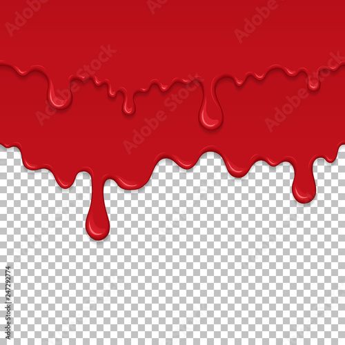 Red sticky liquid seamless element. Realistic dripping slime isolated object. Bloody background with oozing slime. Popular kids sensory game. Paint drips and flowing repeatable vector illustration.