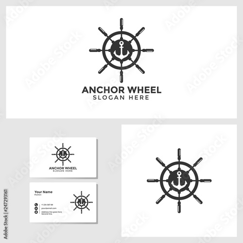 Anchor wheel logo template with business card design mockup