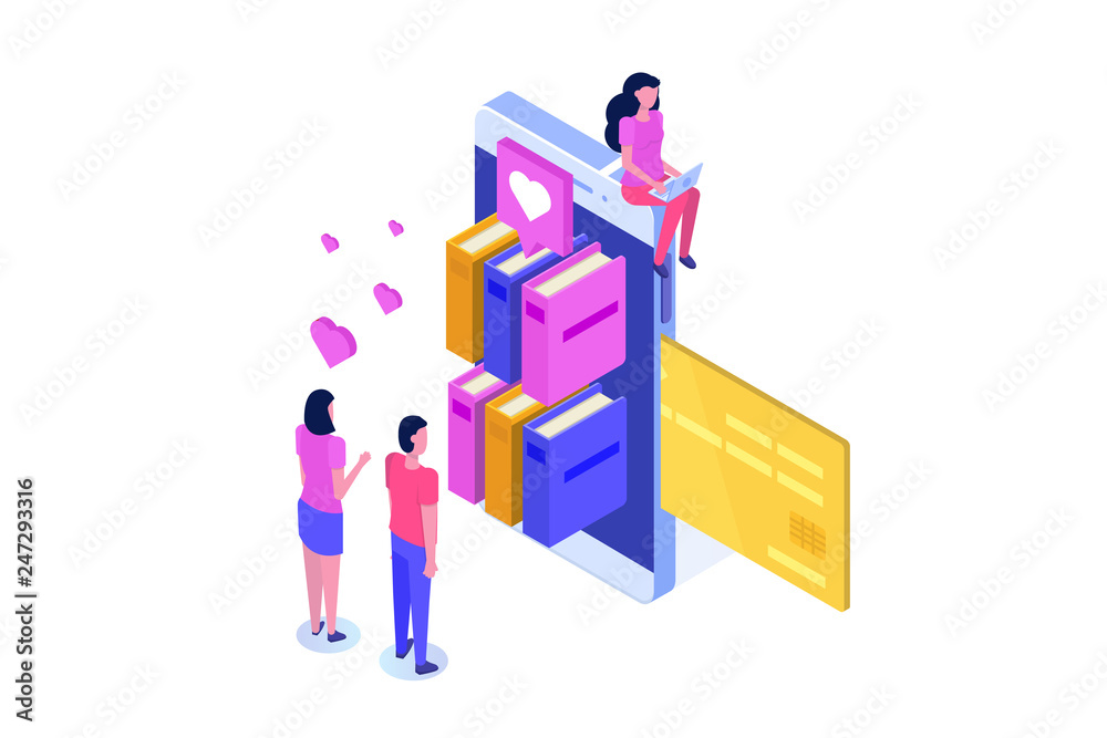Library or Book Shop mobile online isometric concept. Micro people buying books. Vector illustration. Library or Book Shop mobile online isometric concept. Micro people buying books. Vector illustration.