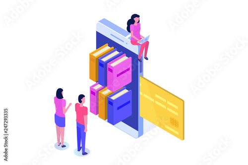 Library or Book Shop mobile online isometric concept. Micro people buying books. Vector illustration.