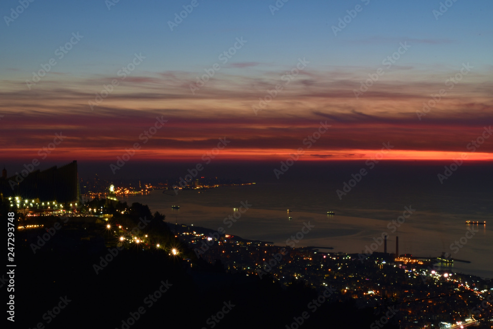 dramatic dusk over mediterranean sea and Beirut shot from Harissa, Mount Lebanon