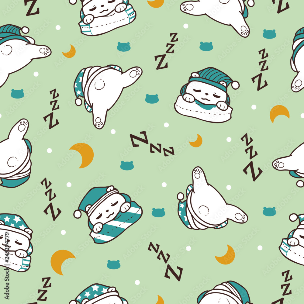 Sleeping Bear in Soft Green Background Seamless Pattern Sleeping Bear in Soft Green Background Seamless Pattern