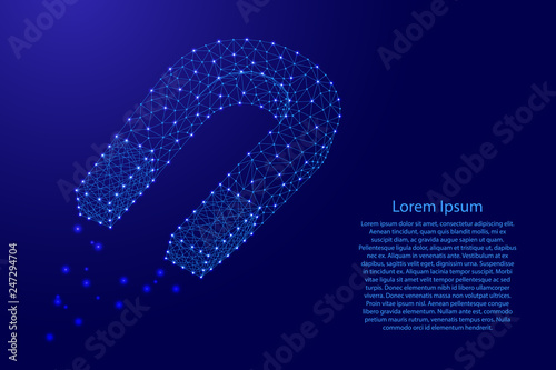 Magnet U arc-shape arc attracting from futuristic polygonal blue lines and shining stars for banner, poster, greeting card. Vector illustration.
