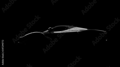 silhouette of black supercar with headlights on black background, 3d render, generic design, non-branded