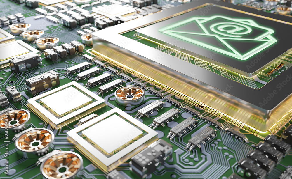Close-up view of a modern GPU card with Email icon 3D rendering